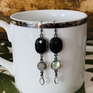 Black Onyx, Labradorite and Moonstone Earrings