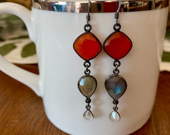 Pendientes de bisel de Carnelian, Labradorita y Piedra lunar