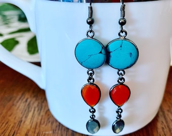Pendientes de bisel de turquesa, carneliana y labradorita
