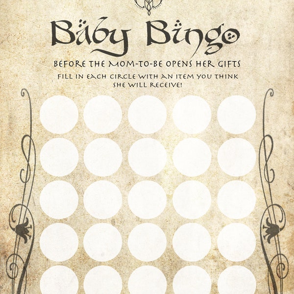 Baby Bingo- Lord of the Rings Baby Shower Game