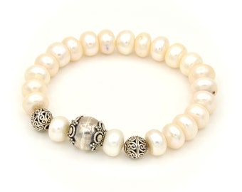 Perlenarmband, Perlen Stretch Schmuck, Juni Birthstone, Sterling Silber Armband, einzigartige Perlenarmband, Geschenke für Mama, kostenloser Versand,