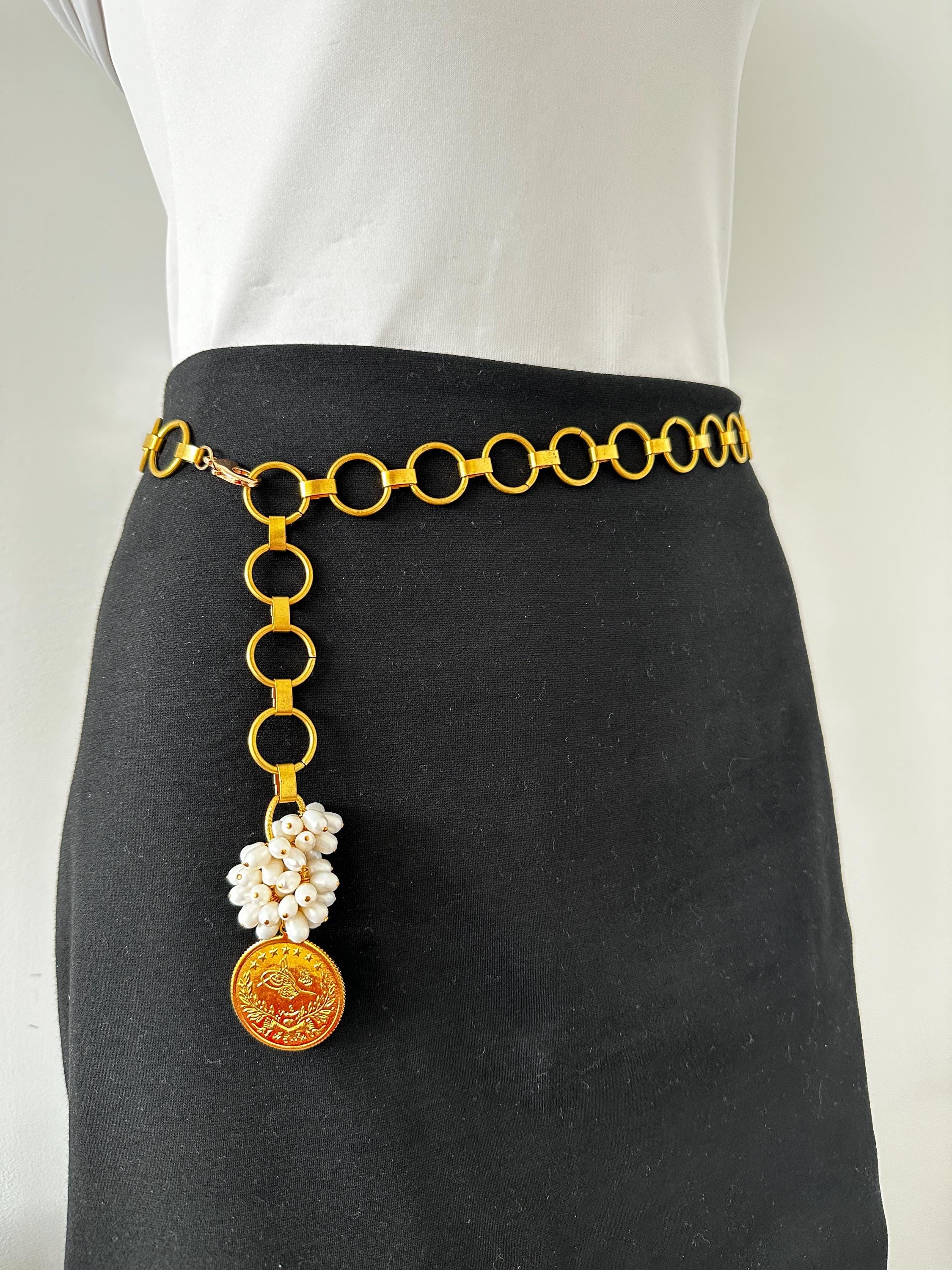 Pearl Cluster Gold Tassel Belt, Gold Coin Belt, Chain Belt  display picture 1