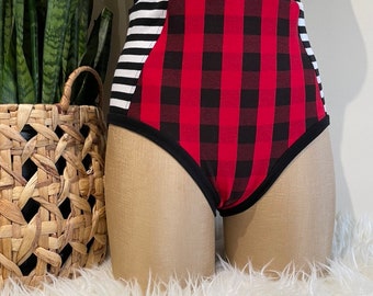 High Waisted Undies| Buffalo Plaid High Waisted Panties| Black and Red with Stripes
