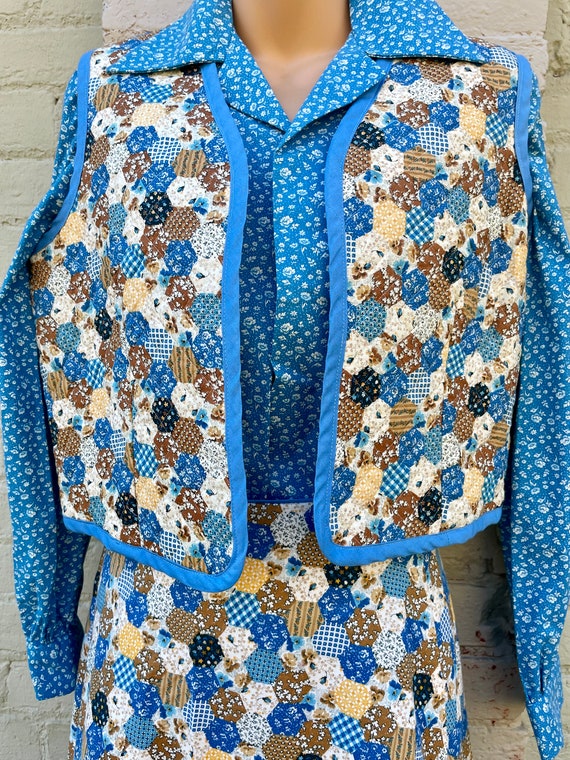 70’s Quilted Calico Jacket Wrap Skirt Vest Blouse… - image 1