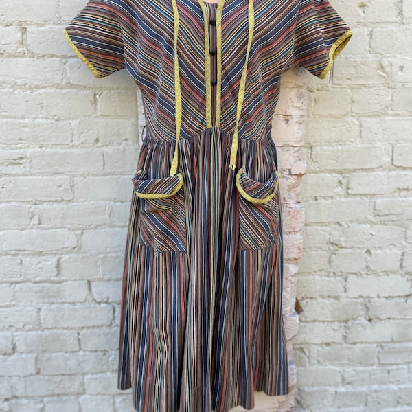 1950s Women’s Dress Midcentury Handmade Striped Full Skirt US Size S Small Short Cap Sleeves Vintage