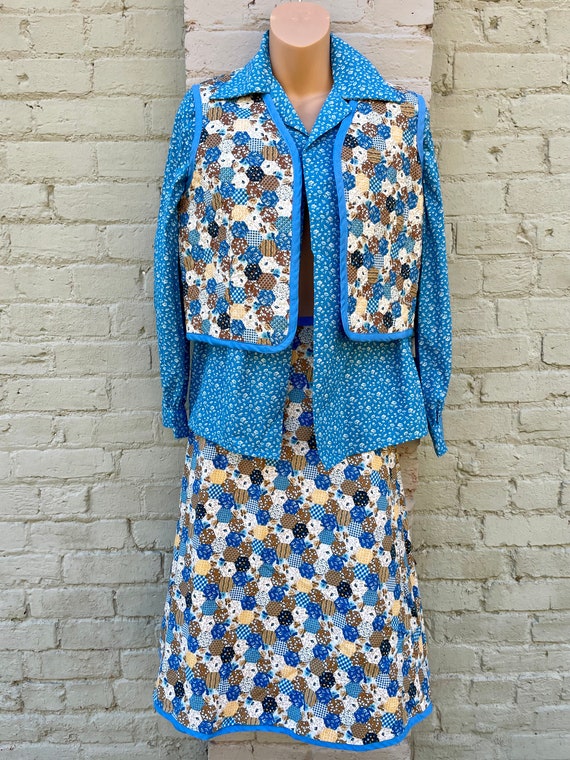 70’s Quilted Calico Jacket Wrap Skirt Vest Blouse… - image 4