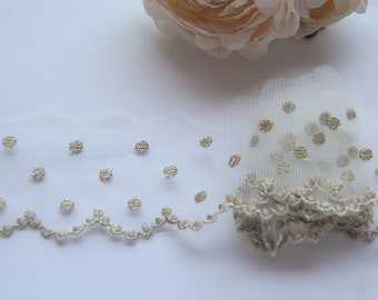 Rose polka dot ruffled trim with ecru crocheted lace