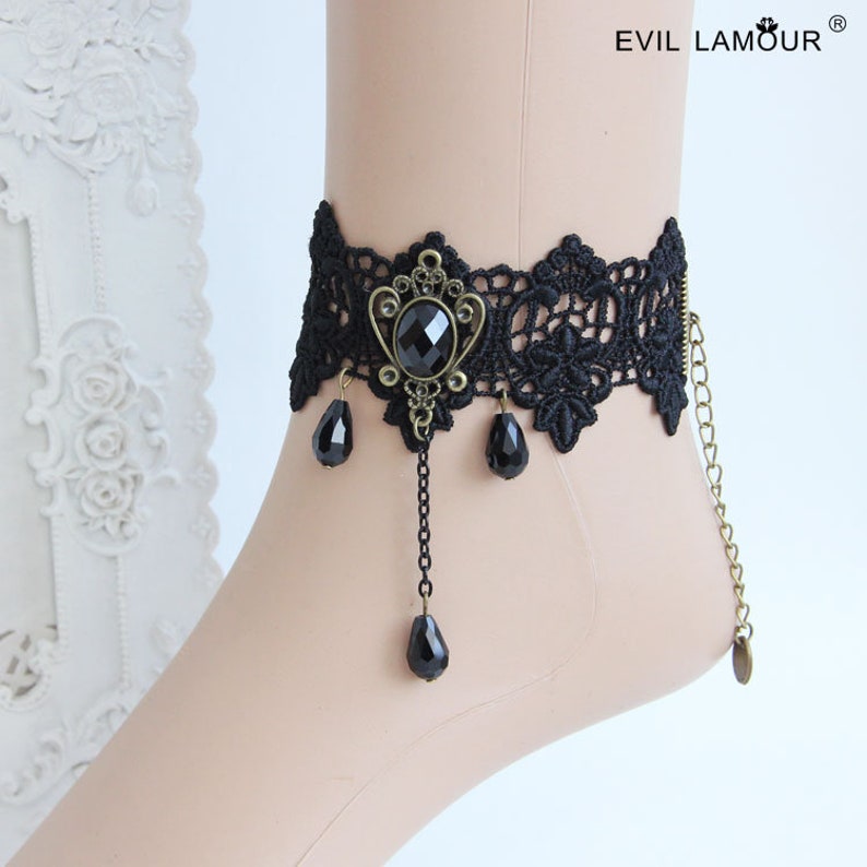 Gothic Lace Pearl Anklet Handmade Lace Anklet With Crystal Pendant Decoration,Bridal Accessories,Lace Jewelry,Foot Chian,Foot Decoration