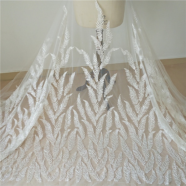 Hanfu Leaf Nail Bead Sequin Luxury Embroidery Fabric Wedding Dress Head Gauze Fabric DIY Width 130cm