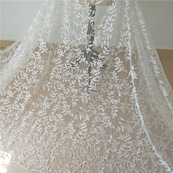 Garden Soft Mesh Leaf Sequin Floral Embroidery Flower Wedding Dress Cover Up DIY Fabric Width 51 in