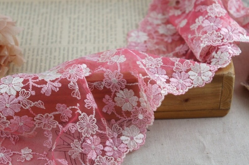 2 yards Lace trim Rosy Bilateral Embroidered Lace Trim DIY Handmade Accessory 5.5 inches wide B1179