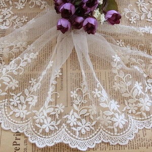 White Lace,Embroidery Gesang Lace,  Floral Lace,Tulle Gauze Lace Trims 5.11 Inches Wide By The Yard