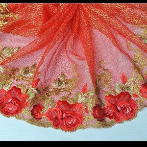 2 yards Red Mesh Lace, Inset Golden Thread, Lace Trim, Rose Embroidered Lace, Rosette Wedding Dress Accessory 9.4 inches wide E1092