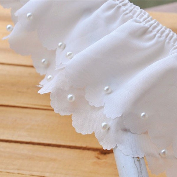 1 yard 2 Layers White Chiffon Fold Beaded Lace Trim DIY Handmade Accessory 3.93 inches  wide E0889