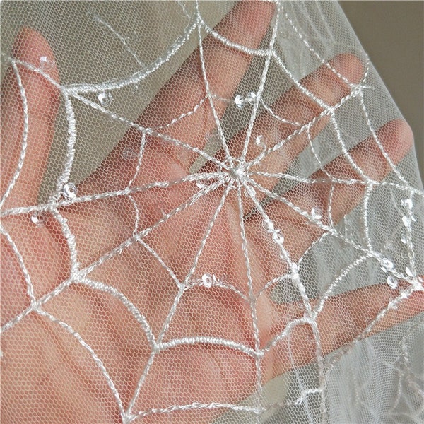 Creative Spiderweb Sequined Lace Fabric Embroidery Floral Wedding Tulle Children's Wear Stage Clothing Width 51.2 inches By the yard