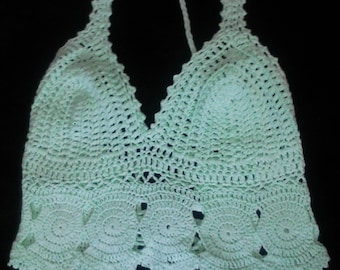 Mint Hand Crochet Halter Crop Top - Beachwear Resort Vacation Spring Summer - Bikini Swimwear Bathing Suit Cover Up - More Colors