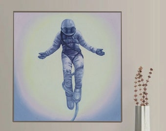 Pintura al óleo de astronauta minimalista sobre lienzo cuadrado de 30x30cm en tono pastel, ideal para decorar sala, habitación infantil, etc