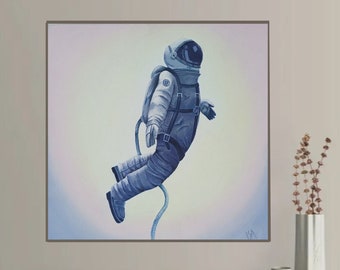 Pintura al óleo de astronauta minimalista sobre lienzo cuadrado de 30x30cm en tono pastel, ideal para decorar sala, habitación infantil, etc