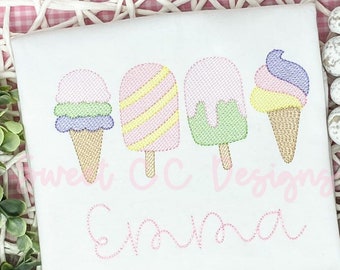 Ice Cream Set SKETCH Machine Embroidery Design 4x4 5x7, 6x10 Boy Girl Lake Vacation Beach popsicles, summer, ice cream