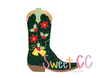 Christmas Cowboy Boot Single Bean Stitch Applique  5x5, 6x6, 7x7, 8x8, 9x9, 10x10  christmas holiday boot cowgirl western