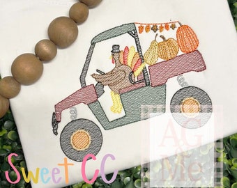 Happy Turkey All Terrain Vehicle Sketch Stitch Embroidery Design 4x4, 5x5, 6x6, 7x7, 8x8 UTV, ATV, Thanksgiving, fall, pumpkin patch