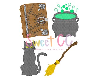 HP Witchy Friends Sketch Stitch Embroidery Design 4x4, 5x5, 6x6, 7x7, 8x8 book, bubbly cauldron, broom, black cat