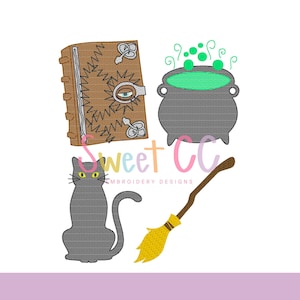 HP Witchy Friends Sketch Stitch Embroidery Design 4x4, 5x5, 6x6, 7x7, 8x8 book, bubbly cauldron, broom, black cat
