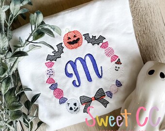 Spooky Wreath Sketch Stitch Embroidery Design 4x4, 5x5, 6x6, 7x7, 8x8 halloween, candy, bow, ghost, bats