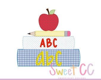 Book Stack Bean Stitch Applique Machine Embroidery Design 4x4 5x5 5x7 6x6 6x10 8x8 Boy girl teacher student