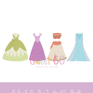 New Princess Dress Set Sketch Stitch Machine Embroidery Design 5.5x5.5 5x7 6x10 8x8
