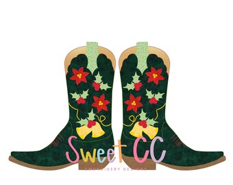 Christmas Cowboy Boots Bean Stitch Applique 5x7, 8x8, 9x9, 10x10  cowgirl country holiday bells