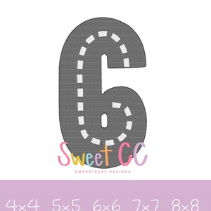 May include: An embroidered number six in gray, resembling a road with a dashed white line. The design includes the text "Sweet CC Embroidery Designs" in a colorful script. Below are size options: 4x4, 5x5, 6x6, 7x7, and 8x8.