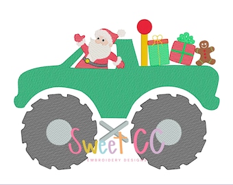 Santa Monster Truck Sketch Stitch Machine Embroidery Design 5x5 6x6 7x7 8x8 9x9 10x10 Christmas Holiday Gingerbread Presents