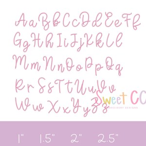May include: A complete pink, cursive alphabet with a textured design, displayed on a white background. The letters are in uppercase and lowercase. The image also includes the text "Sweet CC Embroidery Designs" and size options in inches.