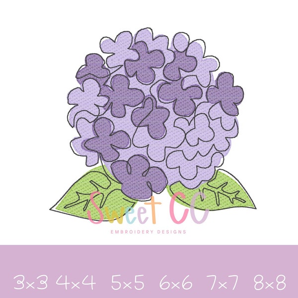 Watercolor Hydrangea Sketch Embroidery Design 3x3 4x4, 5x5, 6x6, 7x7, 8x8 spring, summer, fall, southern, plant, flowers,