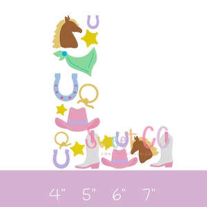 Letra L fuente occidental relleno puntada máquina bordado diseño 4", 5", 6", 7" vaquera, vaquero, botas, herradura, pony, caballo