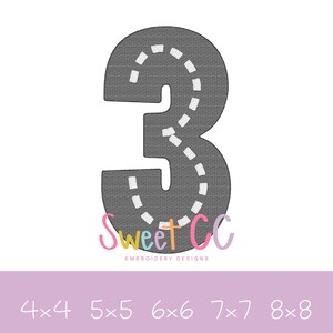 May include: An embroidered number 3 in gray with a white dashed line design, resembling a road. The image includes the text "Sweet CC Embroidery Designs" in a colorful script and size options.