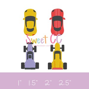 レースカーのミニフィルステッチ刺繍デザイン 1インチ、1.5インチ、2インチ、2.5インチのレーシングゴーカート、グランプリ
