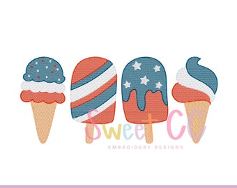 Star Spangled Ice Cream Set SKETCH Machine Embroidery Design 4x4 5x7, 6x10 Boy Girl Lake Vacation Beach popsicles, summer, patriotic
