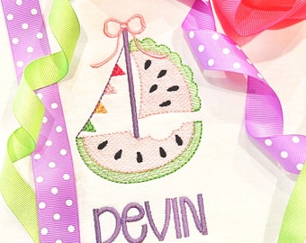 Watermelon Scallop Sailboat SKETCH Machine Embroidery Design Boy Girl Lake Vacation Beach 4x4, 5x7, 6x10