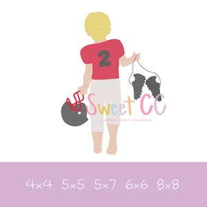 May include: An embroidered design of a child in a red football jersey with the number 2, holding a helmet and football cleats. The design is in a cartoon style, with the text "Sweet CC Embroidery Designs" below.