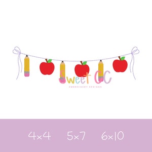 Apple and Pencil Bunting Machine Embroidery Design 4x4, 5.5, 5x7, 8, 6x10, Back to school