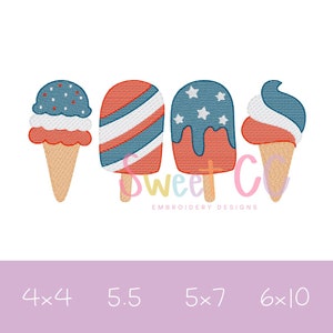 Star Spangled Ice Cream Set SKETCH Machine Embroidery Design 4x4 5x7, 6x10 Boy Girl Lake Vacation Beach popsicles, summer, patriotic