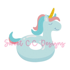 May include: A light blue unicorn-shaped pool float with a yellow horn, pink and blue mane, and a smiling face. The float has a round shape with a hole in the center and white accents. The text "Sweet CC Designs" is in the lower left.