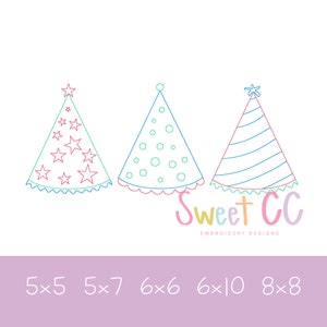 Birthday Hat Trio Bean Stitch Machine Embroidery Design 5x5 5x7, 6x6 6x10 8x8 Boy Girl vintage balloons cupcake