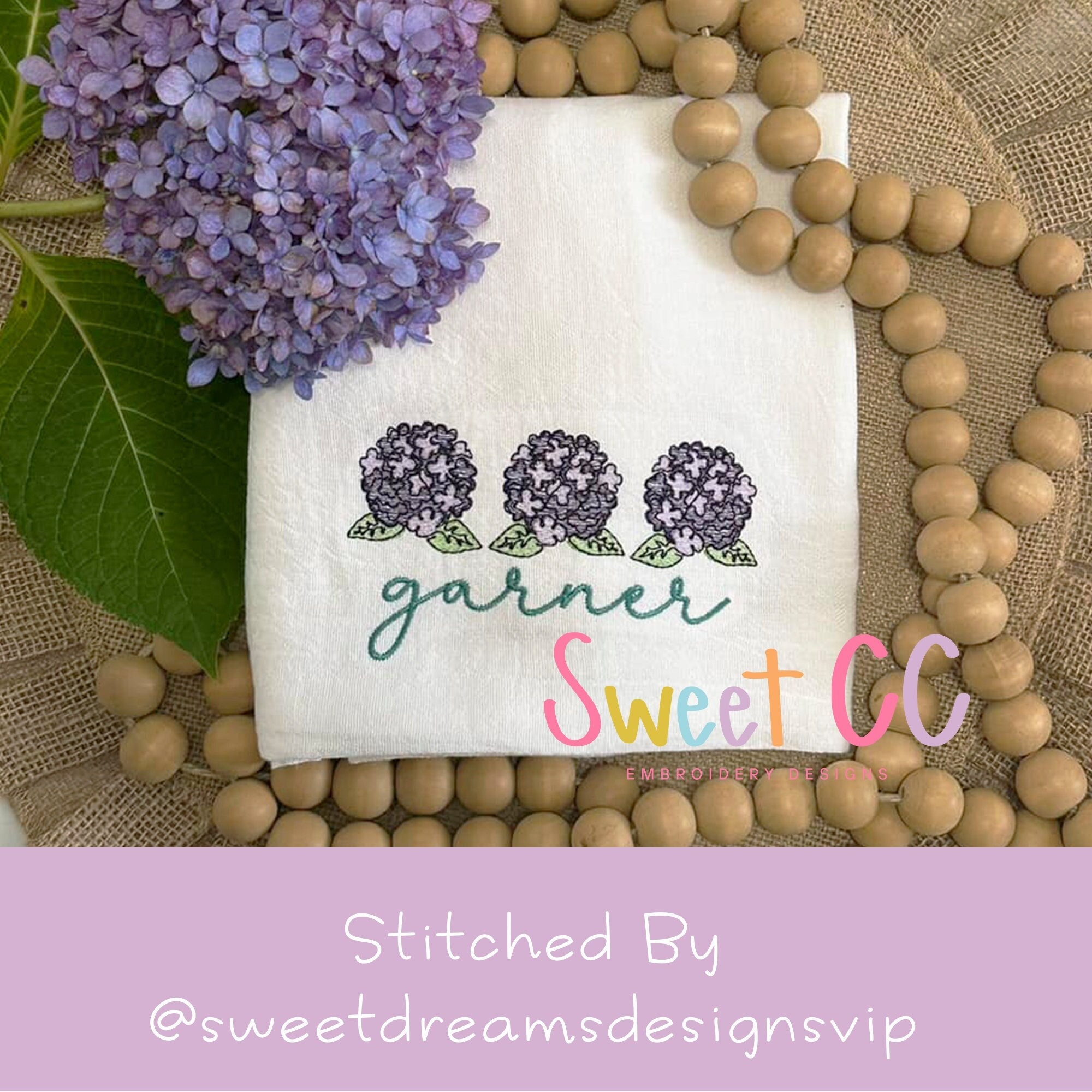 Watercolor Hydrangea Sketch Trio Embroidery Design 4x4, 5x5