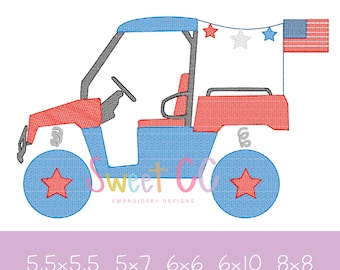 May include: A red, white, and blue UTV embroidery design with a star-spangled banner and star garland. The UTV has blue wheels with red stars and the text "Sweet CC Embroidery Designs". Sizes include 5.5x5.5, 5x7, 6x6, 6x10, and 8x8.