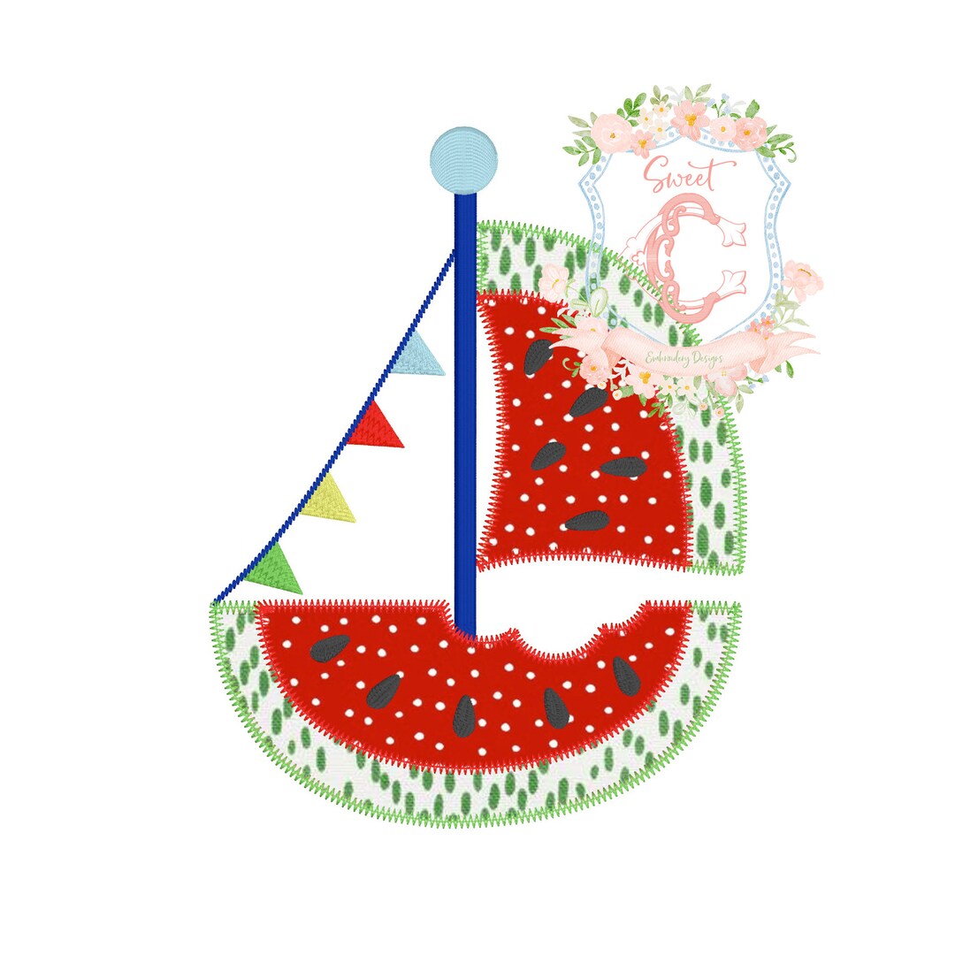 Watermelon Sailboat Zig Zag Stitch Applique Machine Embroidery Design Summer Spring Beach Boy