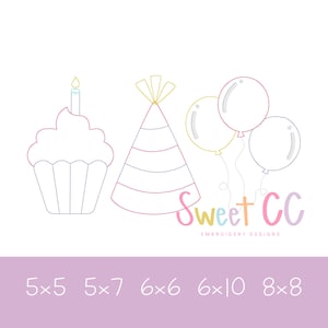 Birthday Party Trio Bean Stitch Machine Embroidery Design 5x5 5x7, 6x10 6x6 8x8 Boy Girl vintage balloons cupcake
