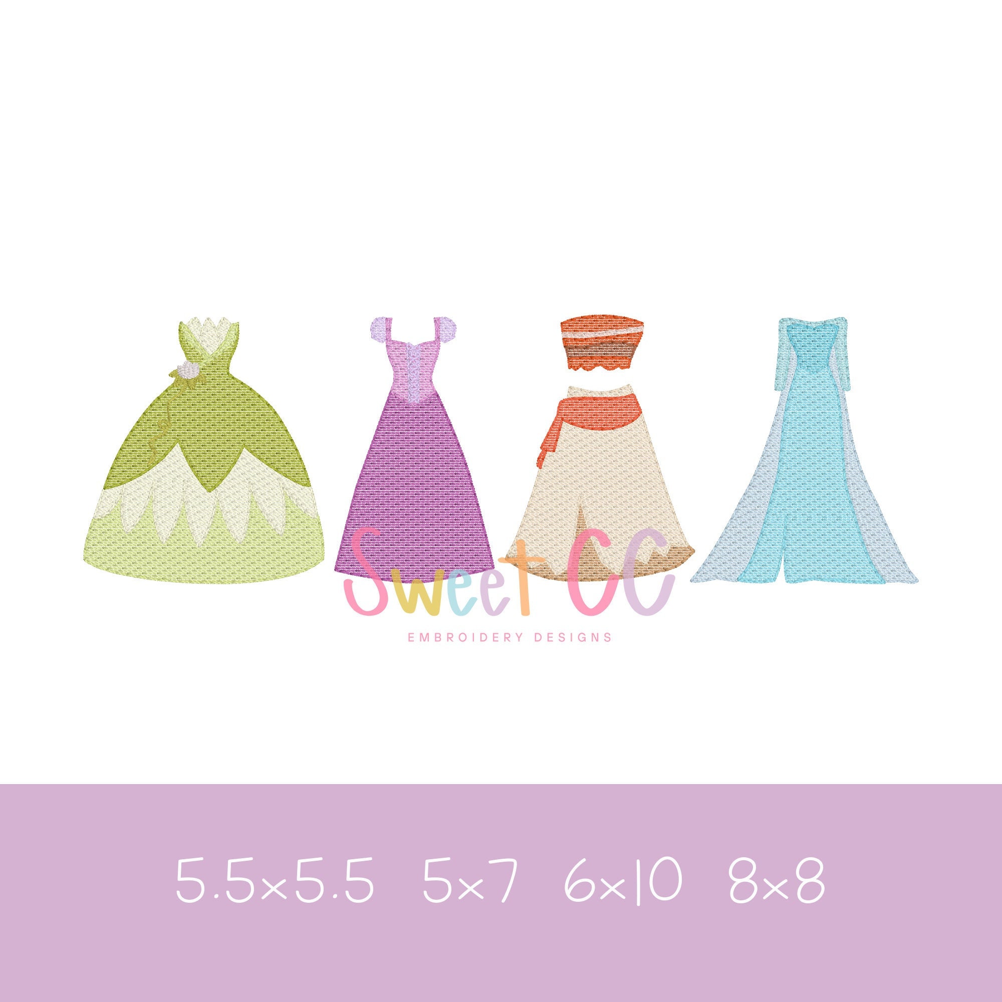 New Princess Dress Set Sketch Stitch Machine Embroidery Design 5.5x5.5 5x7 6x10 8x8